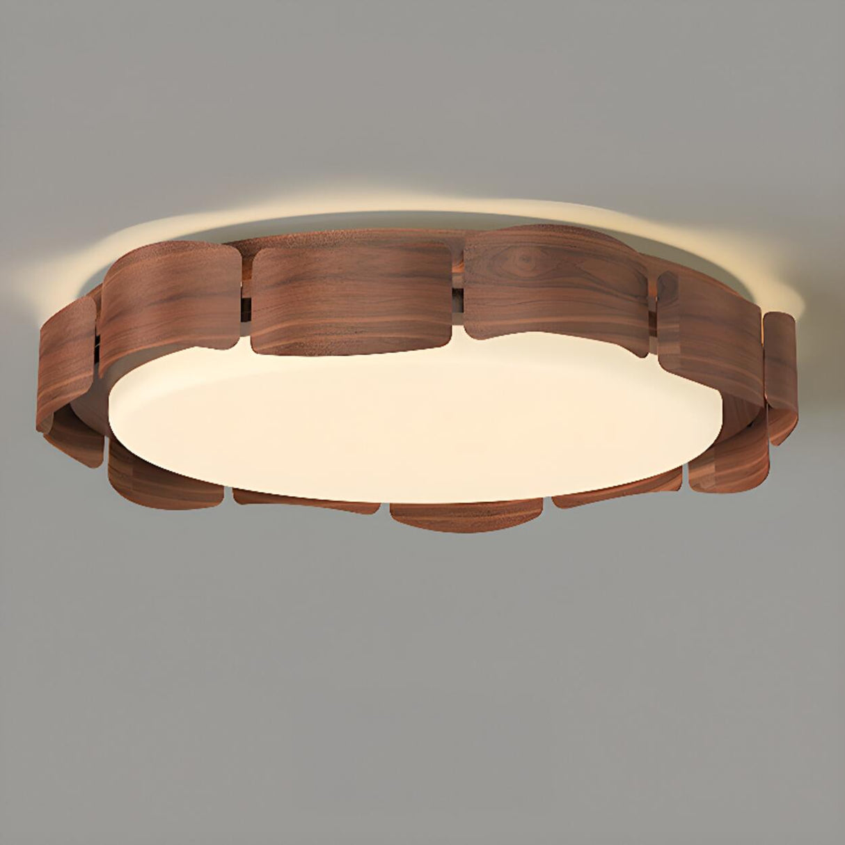 Natural Wood Petal Round LED Flush Mount Ceiling Light Image - 6