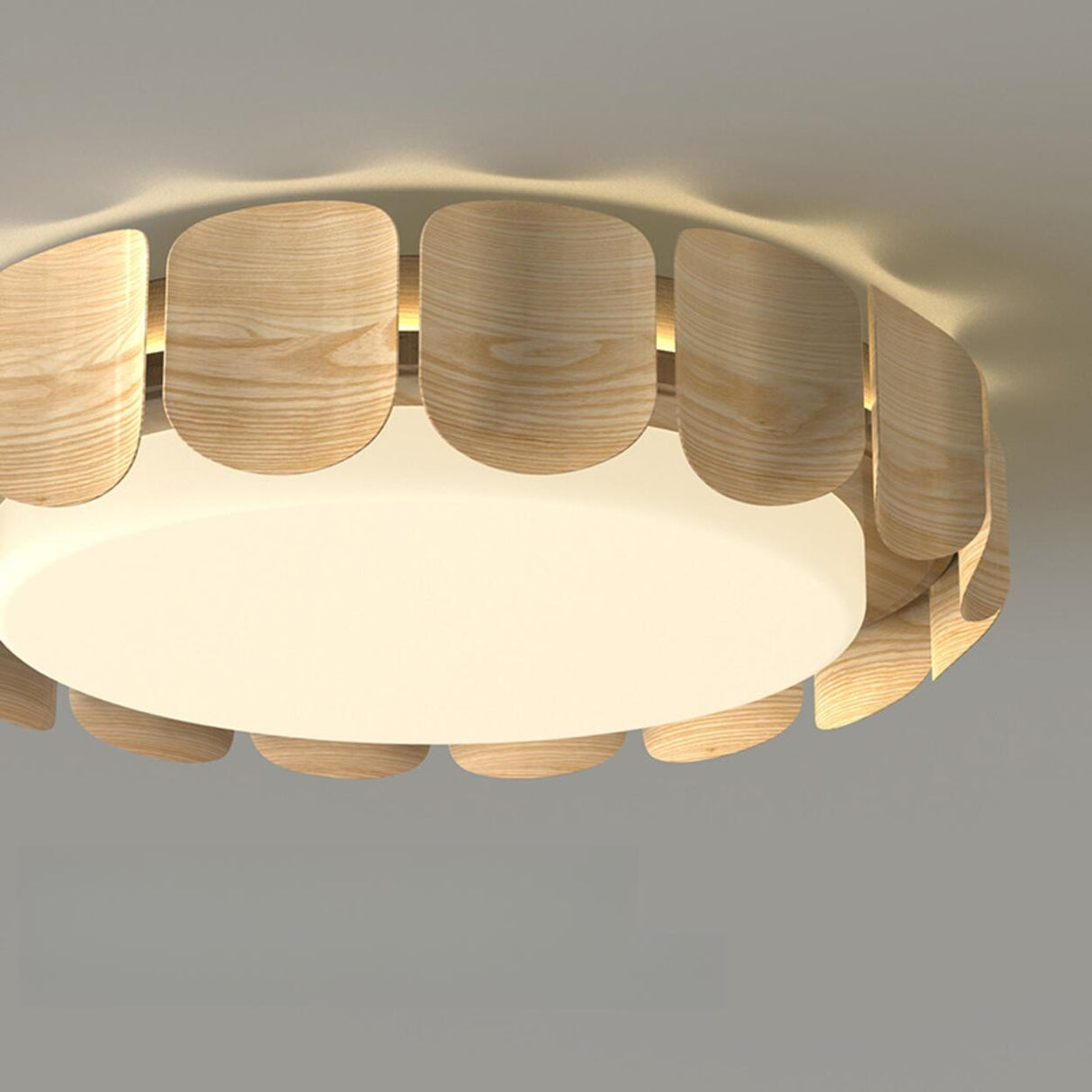 Natural Wood Petal Round LED Flush Mount Ceiling Light Image - 8
