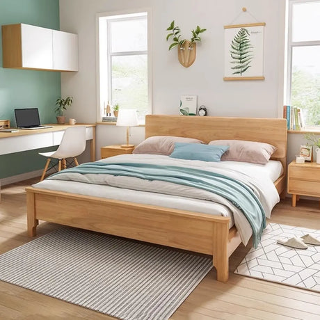 Natural Wood Queen Minimalist Storage Bed with Headboard Image - 1
