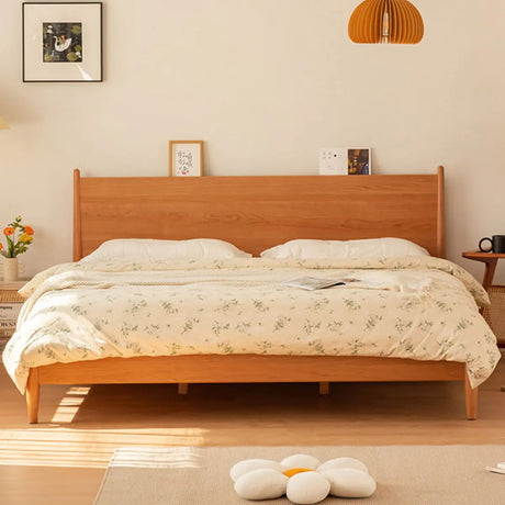Natural Wood Queen Modern Solid Headboard Panel Bed Image - 1
