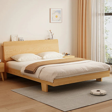 Natural Wood Queen Panel Bed with Headboard Shelves Image - 1