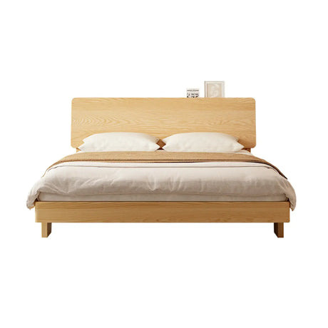 Natural Wood Queen Panel Bed with Headboard Shelves Image - 2