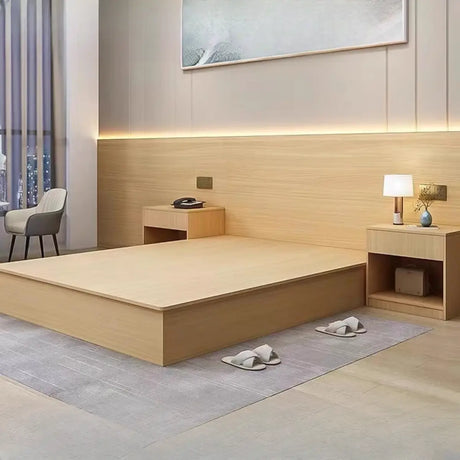 Natural Wood Queen Platform Minimalist Panel Bed Frame Image - 1