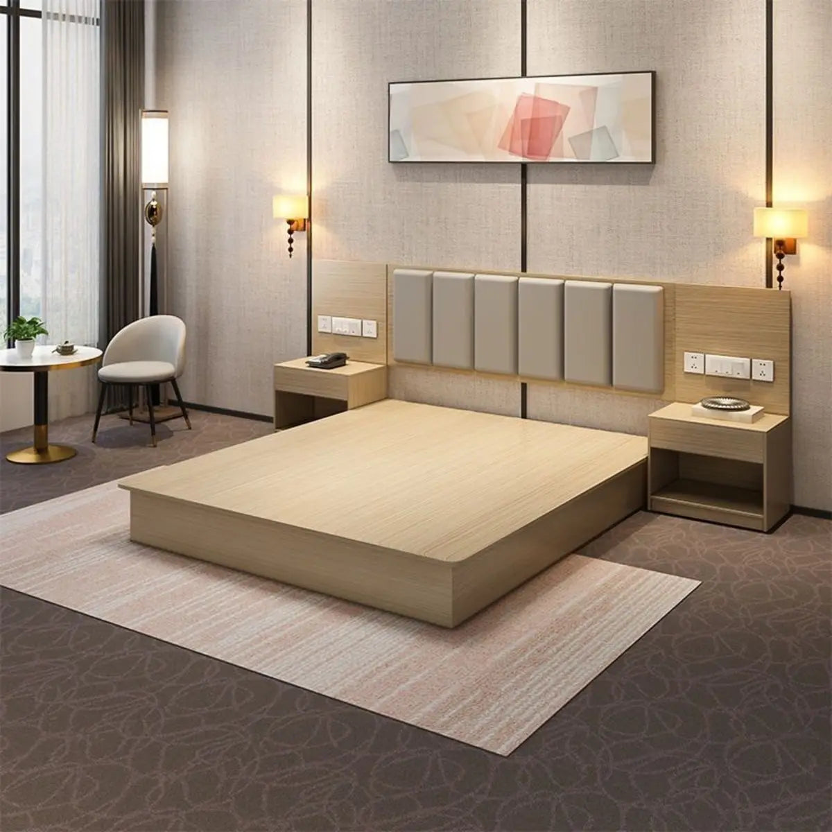 Natural Wood Queen Platform Minimalist Panel Bed Frame Image - 3