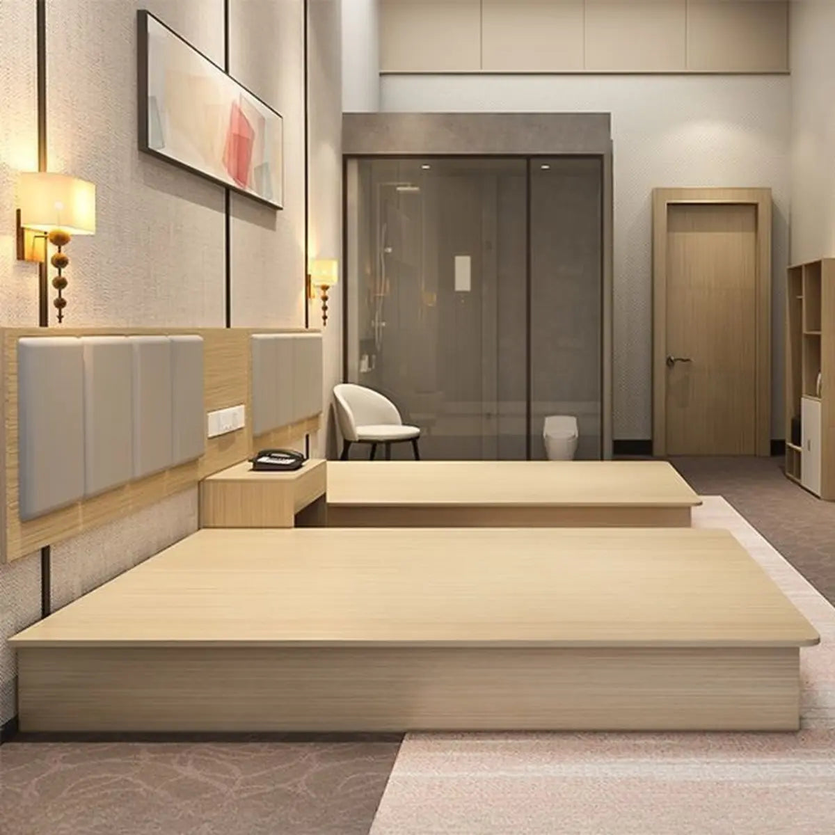 Natural Wood Queen Platform Minimalist Panel Bed Frame Image - 4