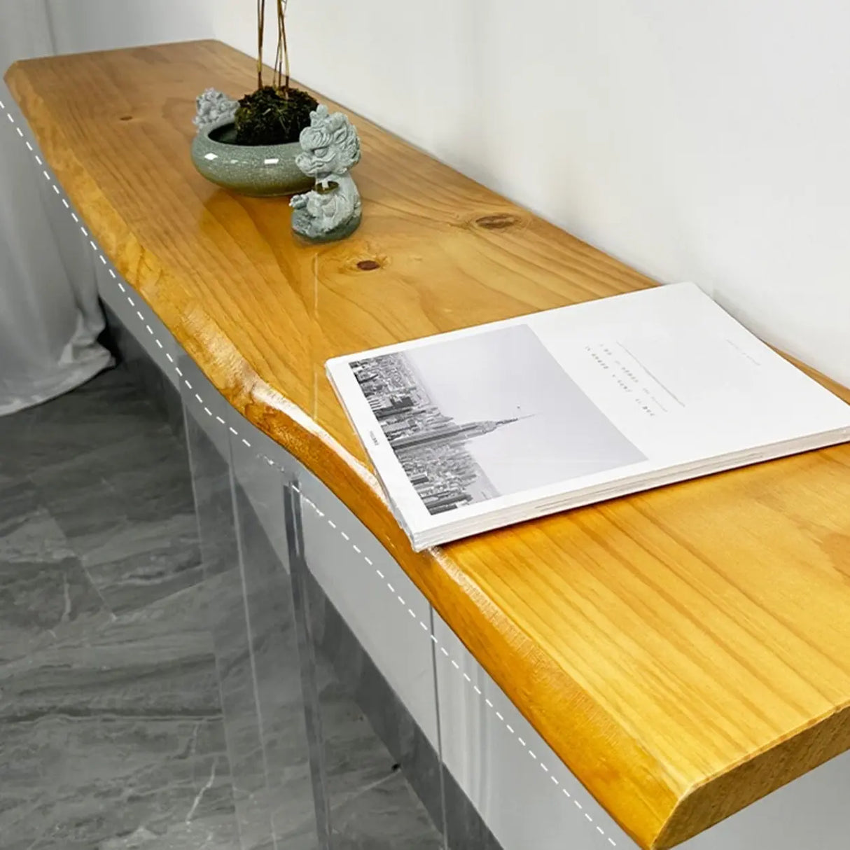 Natural Wood Rectangular Clear Acrylic Legs Console Table Image - 3