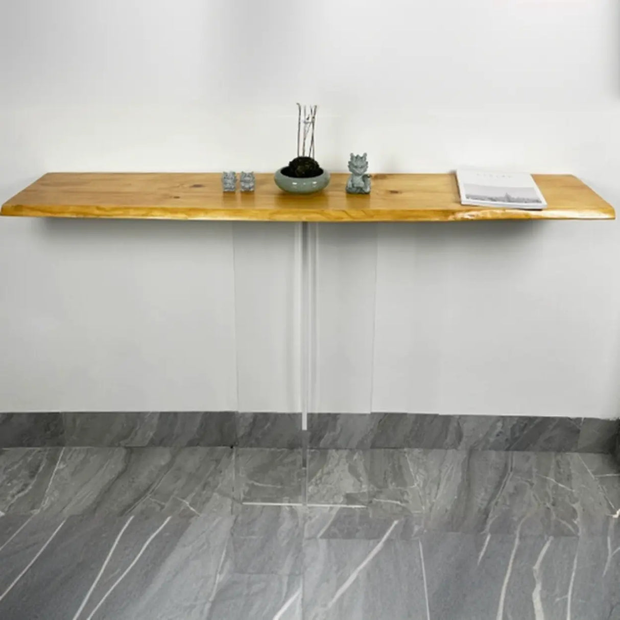 Natural Wood Rectangular Clear Acrylic Legs Console Table Image - 4