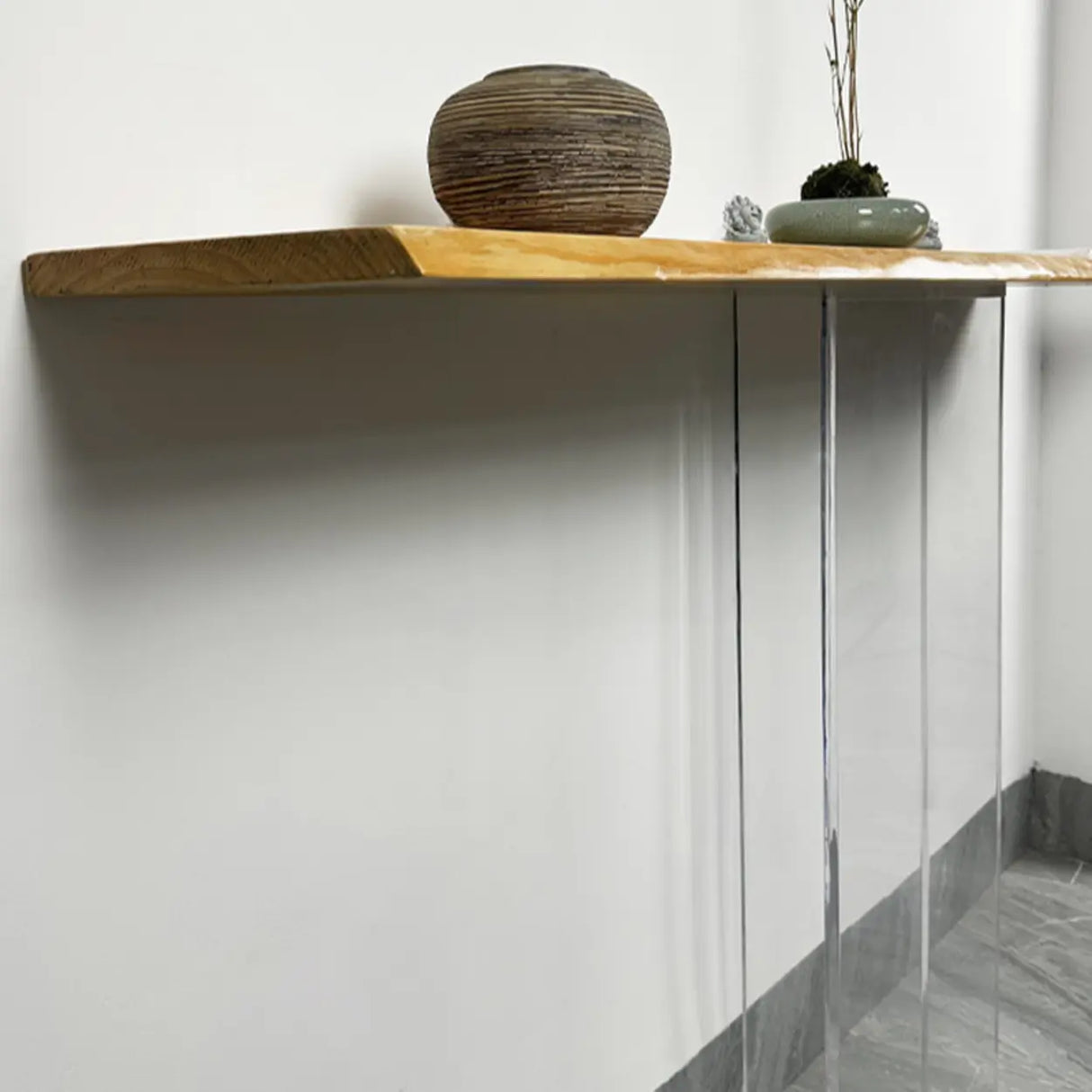 Natural Wood Rectangular Clear Acrylic Legs Console Table Image - 8