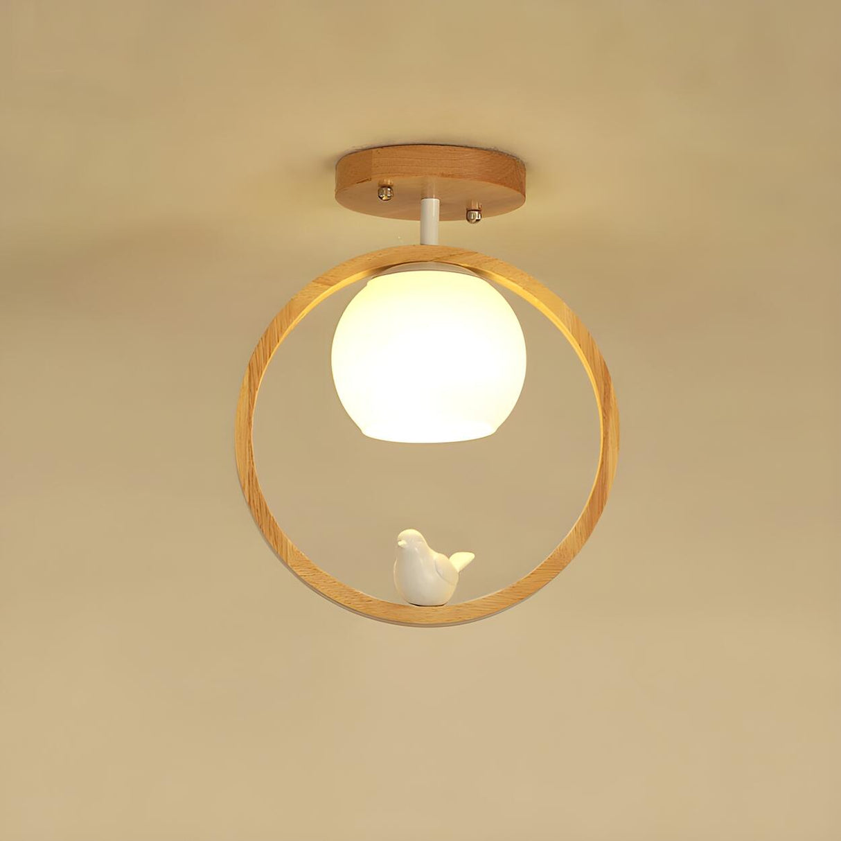 Natural Wood Ring Globe Glass Semi-Flush Mount Light Image - 1