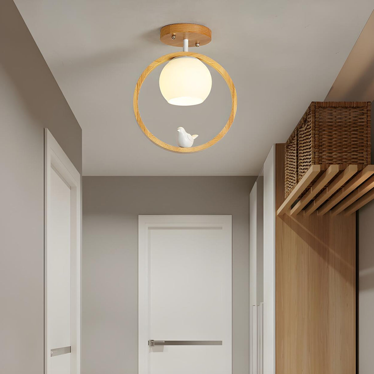 Natural Wood Ring Globe Glass Semi-Flush Mount Light Image - 11