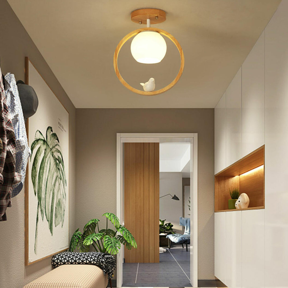 Natural Wood Ring Globe Glass Semi-Flush Mount Light Image - 12