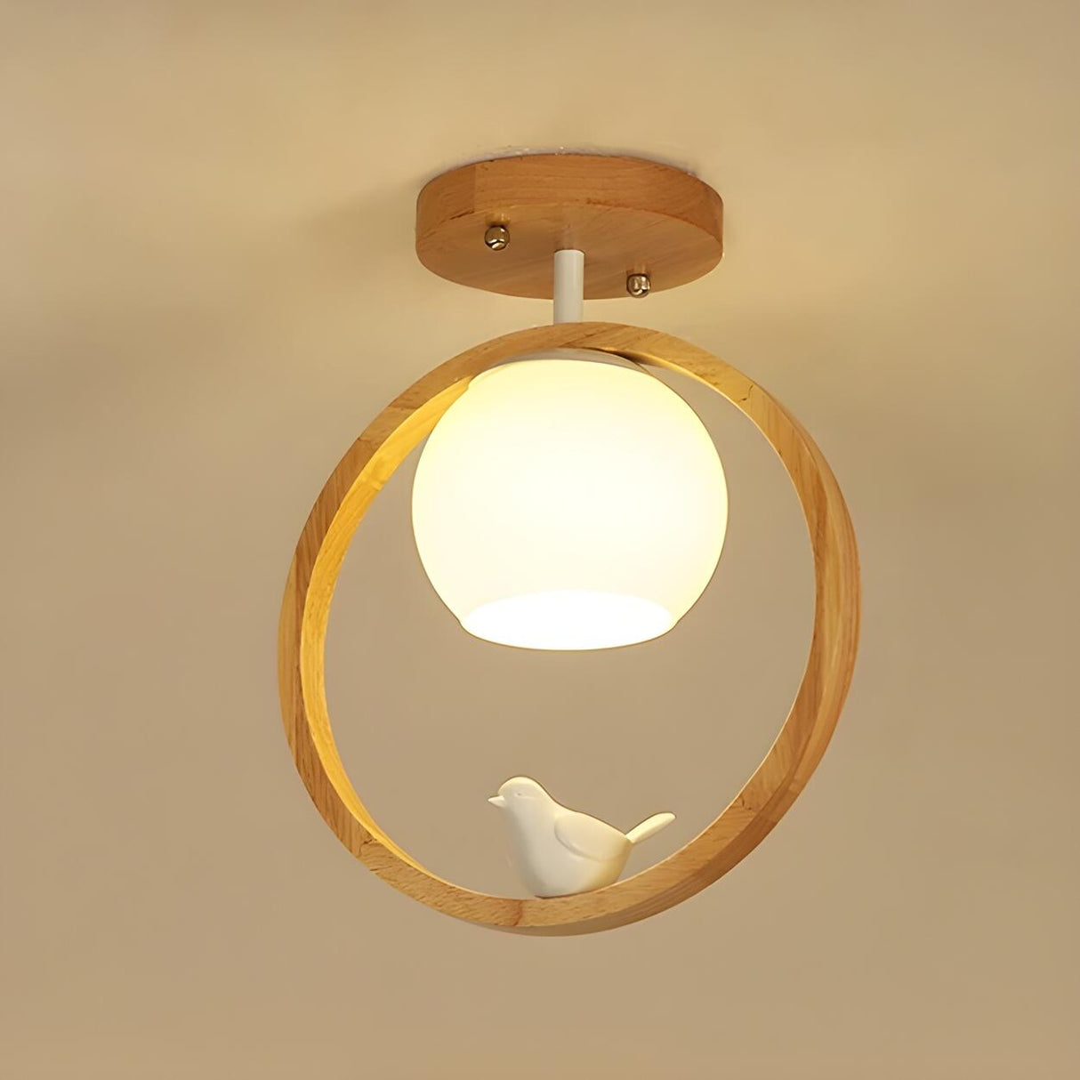 Natural Wood Ring Globe Glass Semi-Flush Mount Light Image - 2