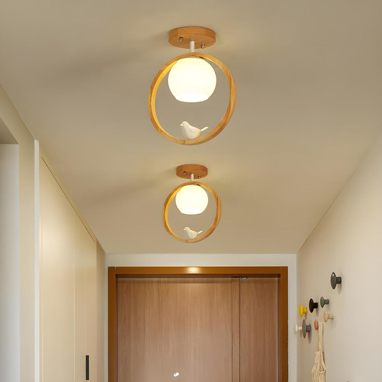 Natural Wood Ring Globe Glass Semi-Flush Mount Light Image - 3