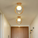 Natural Wood Ring Globe Glass Semi-Flush Mount Light Image - 3
