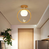 Natural Wood Ring Globe Glass Semi-Flush Mount Light Image - 4