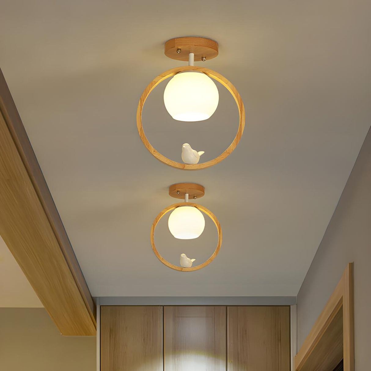 Natural Wood Ring Globe Glass Semi-Flush Mount Light Image - 5