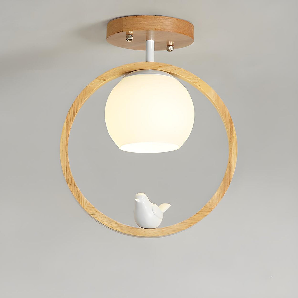 Natural Wood Ring Globe Glass Semi-Flush Mount Light Image - 7