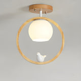Natural Wood Ring Globe Glass Semi-Flush Mount Light Image - 7