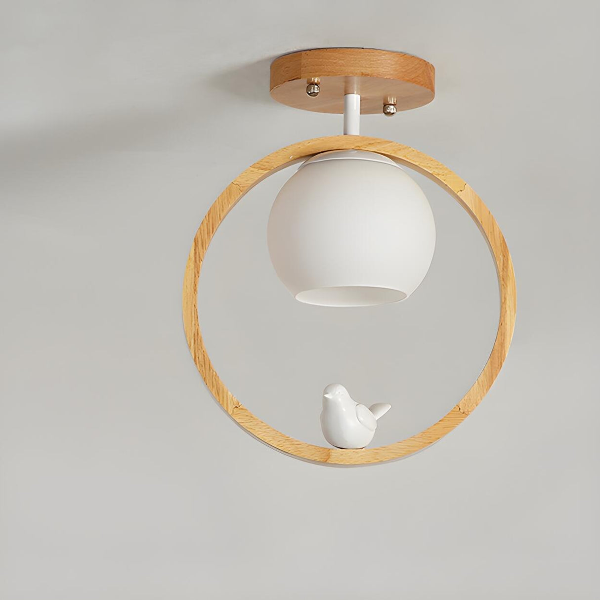 Natural Wood Ring Globe Glass Semi-Flush Mount Light Image - 8
