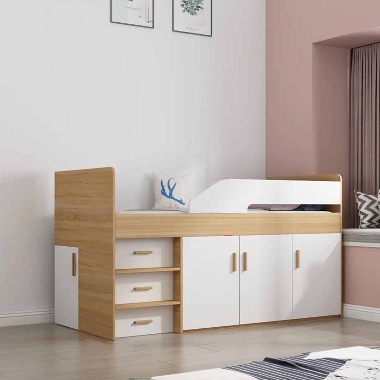 Natural Wood Twin Bunk Bed with Storage and Guardrail Image - 1