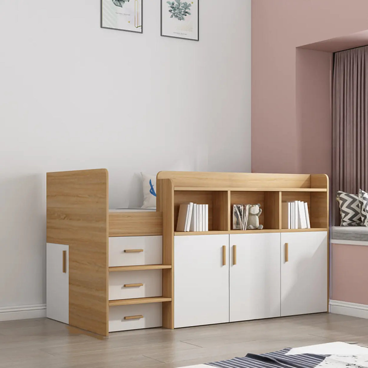 Natural Wood Twin Bunk Bed with Storage and Guardrail Image - 6