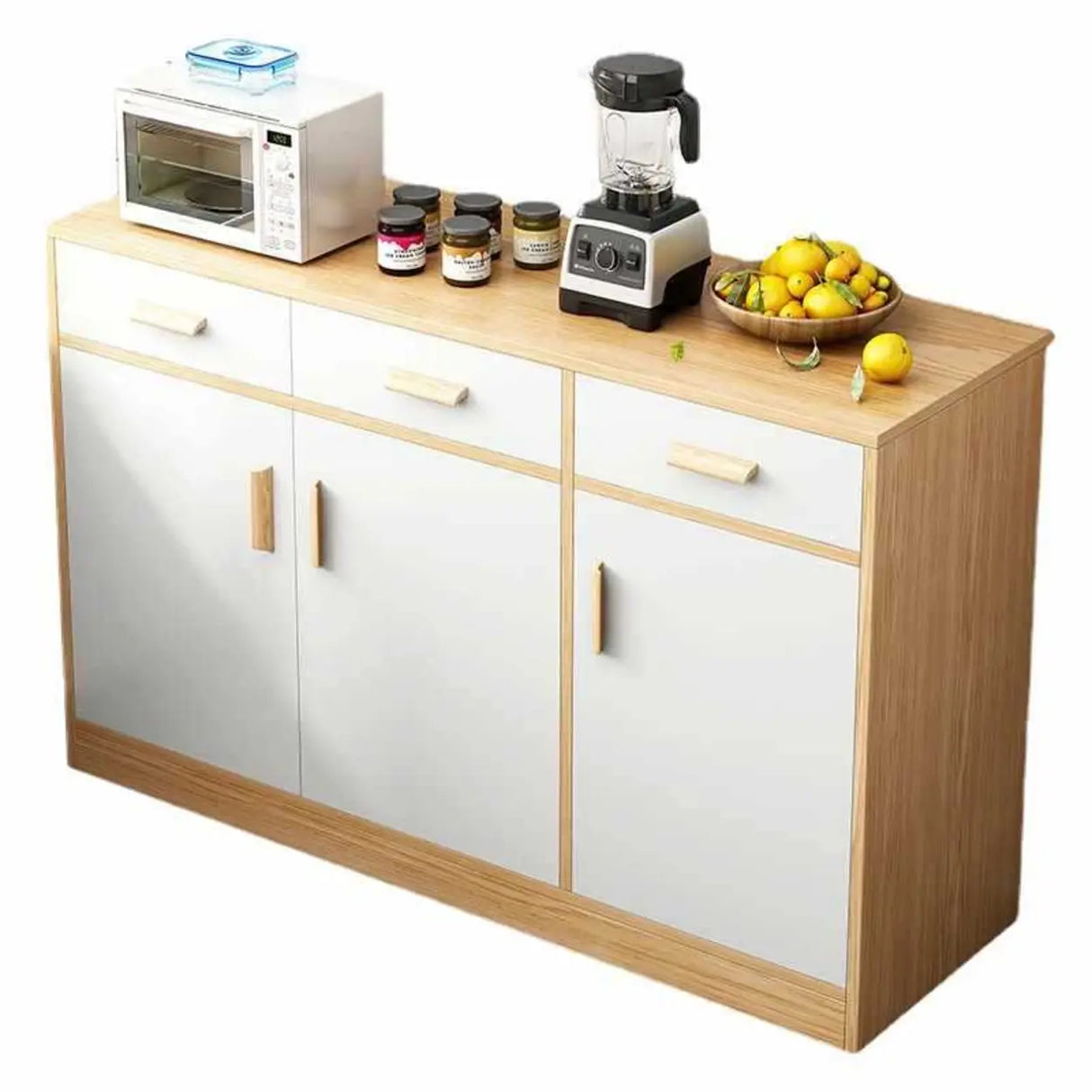 Natural Wood White Cabinets Shelves Open Storage Sideboard Image - 6