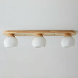 Natural Wooden Dome Glass Flush Mount Light 3-Light Image - 11