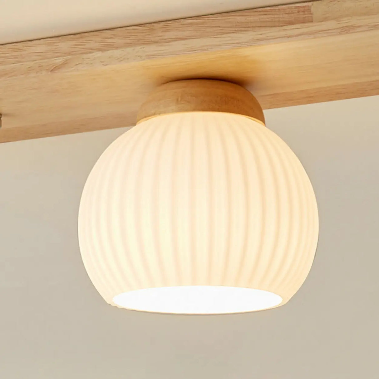 Natural Wooden Dome Glass Flush Mount Light 3-Light Image - 12