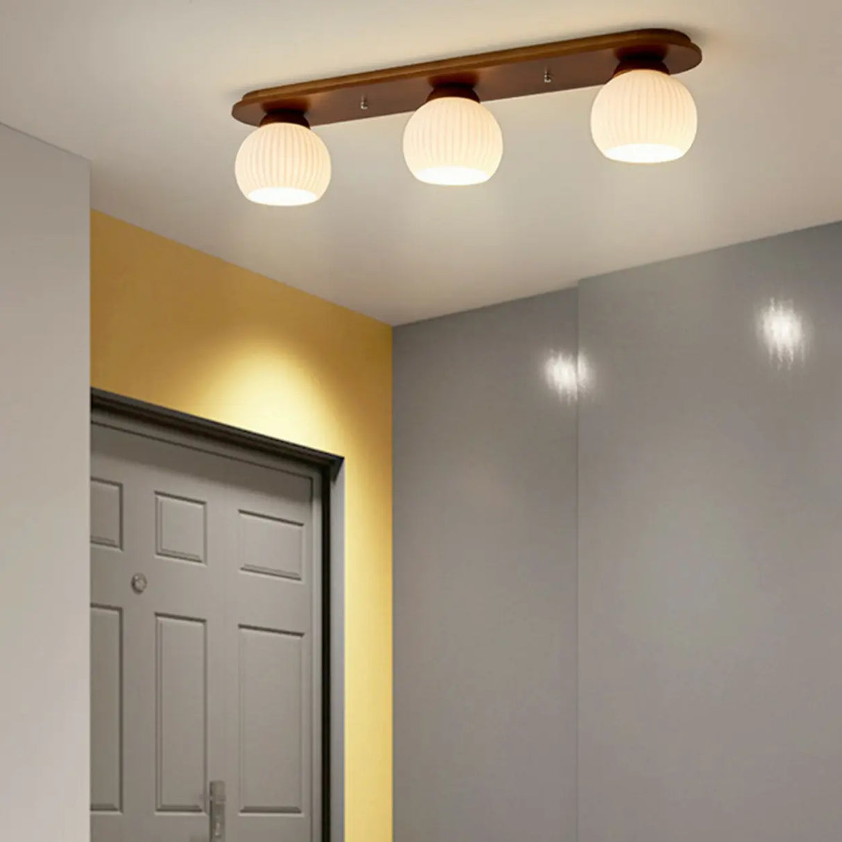 Natural Wooden Dome Glass Flush Mount Light 3-Light Image - 14