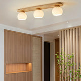 Natural Wooden Dome Glass Flush Mount Light 3-Light Image - 15