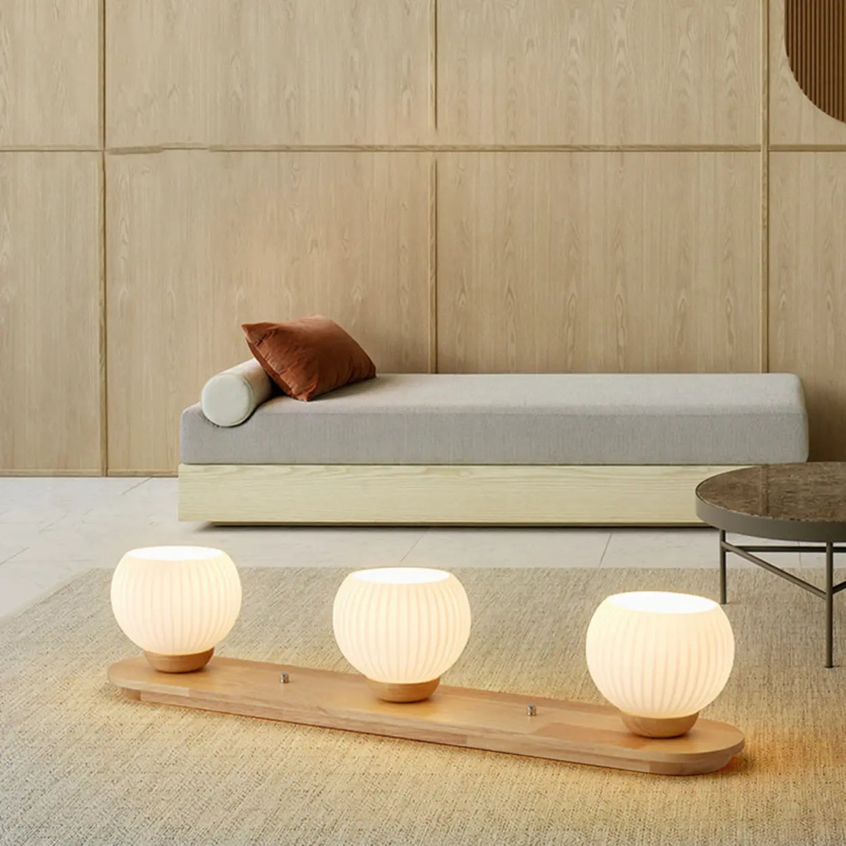 Natural Wooden Dome Glass Flush Mount Light 3-Light Image - 16