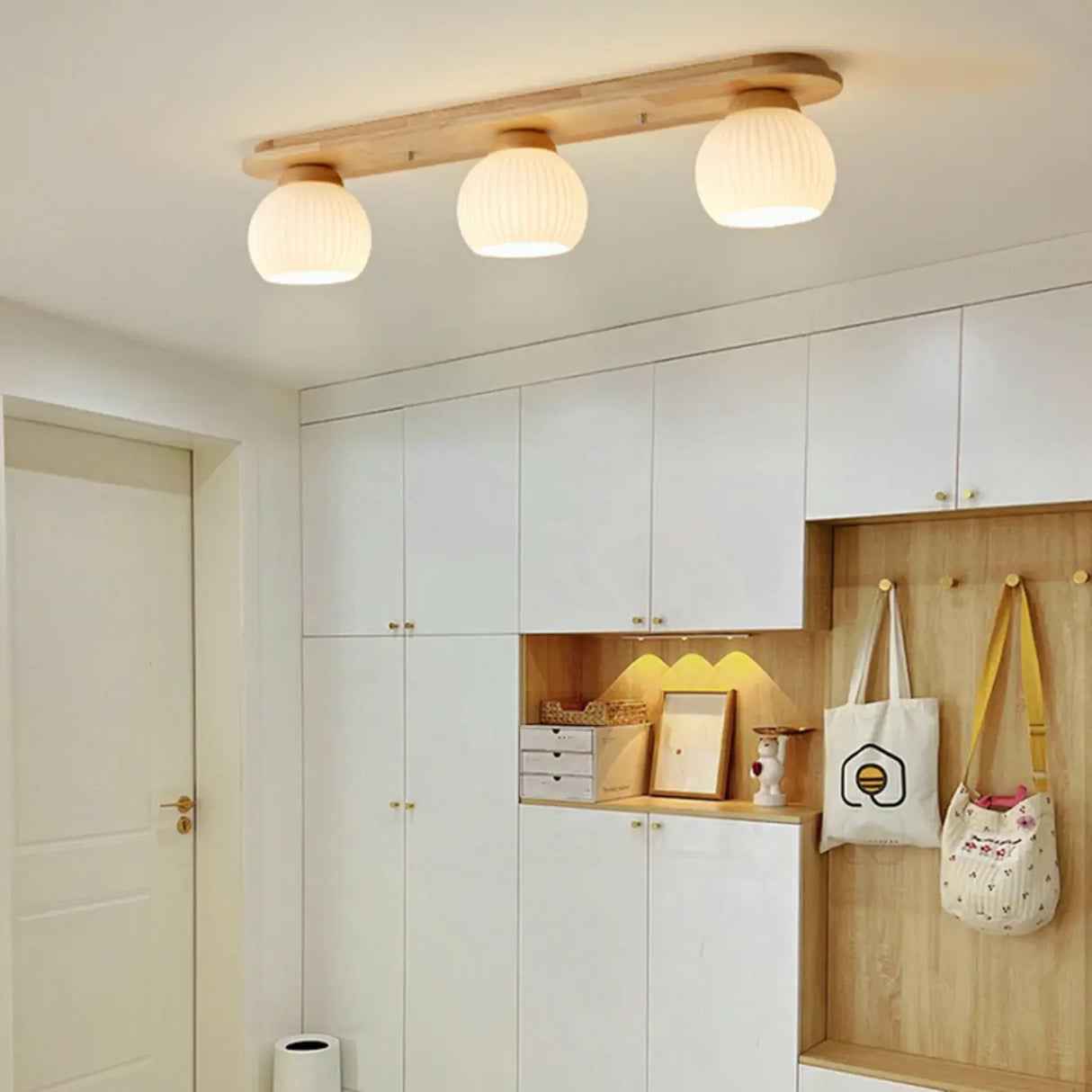 Natural Wooden Dome Glass Flush Mount Light 3-Light Image - 3