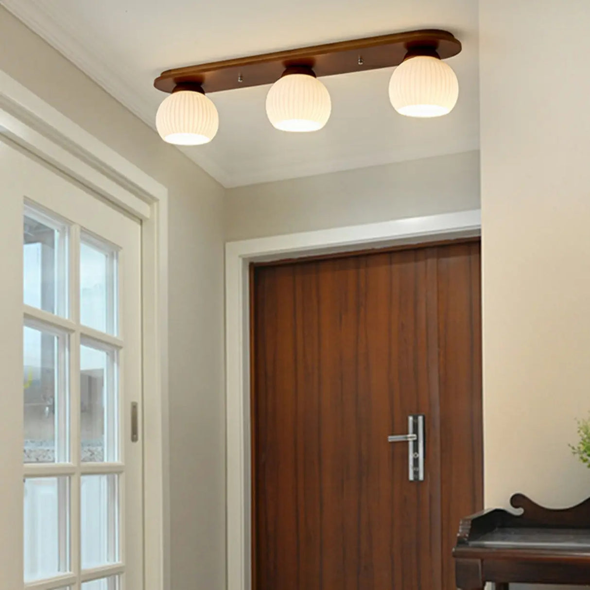 Natural Wooden Dome Glass Flush Mount Light 3-Light Image - 5