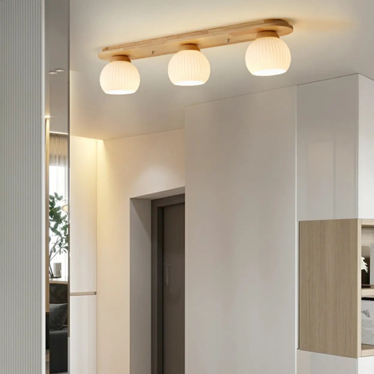 Natural Wooden Dome Glass Flush Mount Light 3-Light Image - 6
