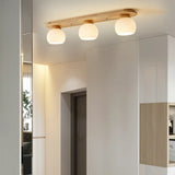 Natural Wooden Dome Glass Flush Mount Light 3-Light Image - 6