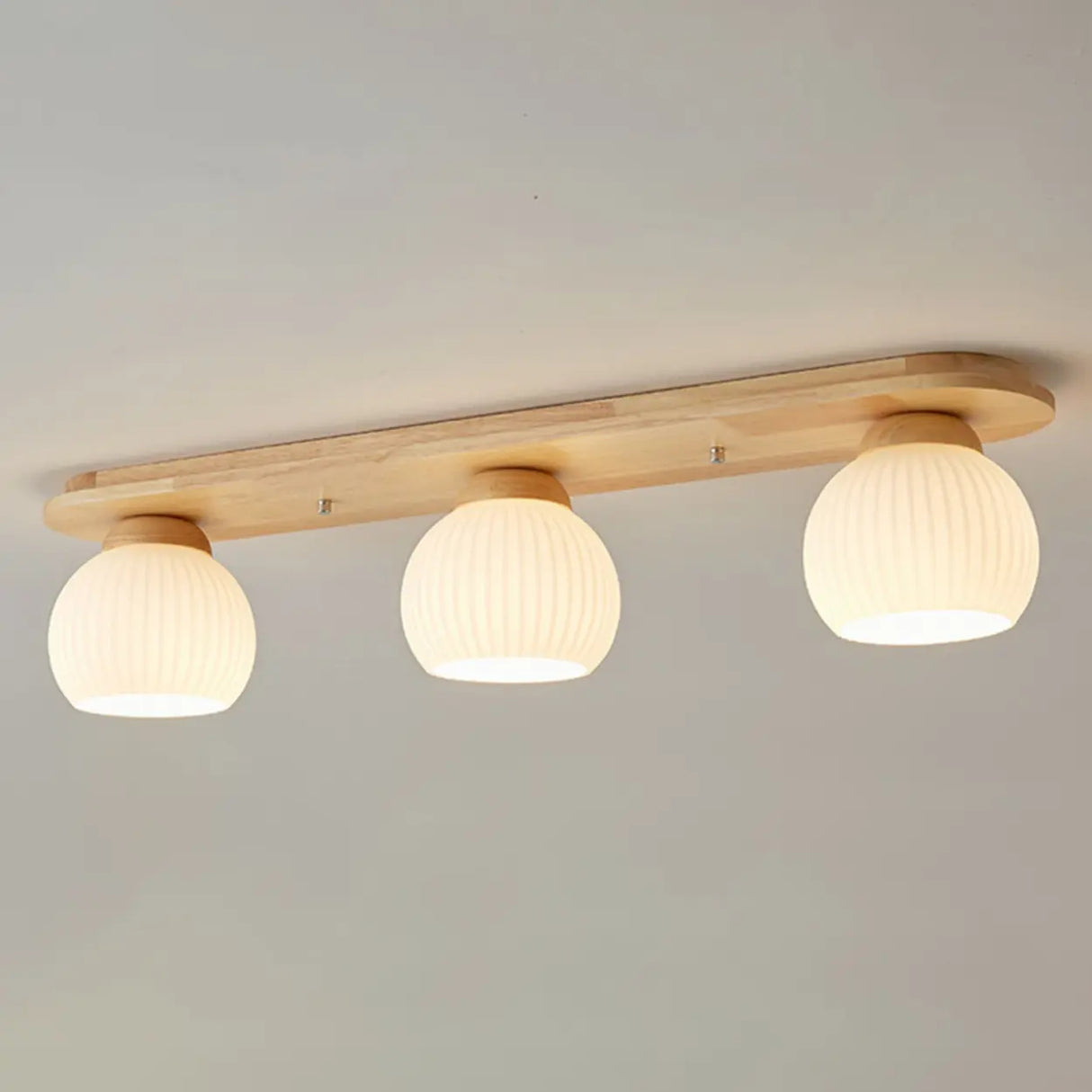 Natural Wooden Dome Glass Flush Mount Light 3-Light Image - 9