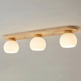 Natural Wooden Dome Glass Flush Mount Light 3-Light Image - 9