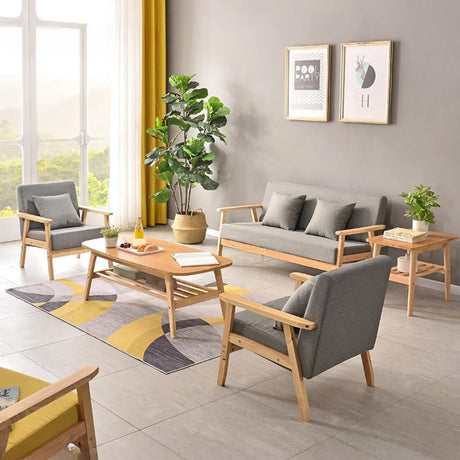 Natural Wooden Frame Grey Fabric Sofa Seating Group Image - 1