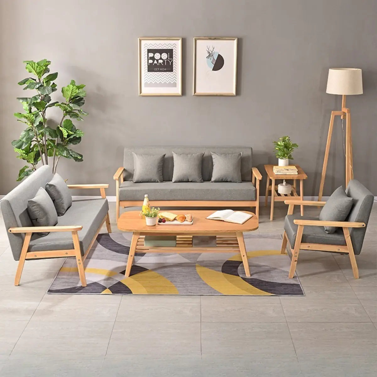 Natural Wooden Frame Grey Fabric Sofa Seating Group Image - 12