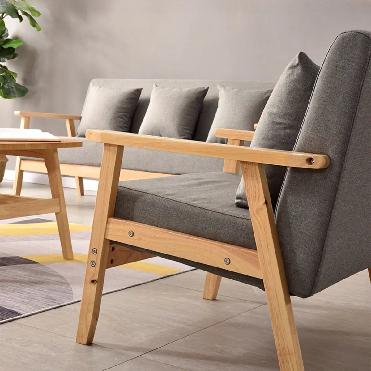 Natural Wooden Frame Grey Fabric Sofa Seating Group Image - 14
