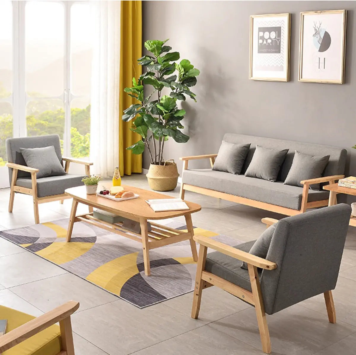 Natural Wooden Frame Grey Fabric Sofa Seating Group Image - 18