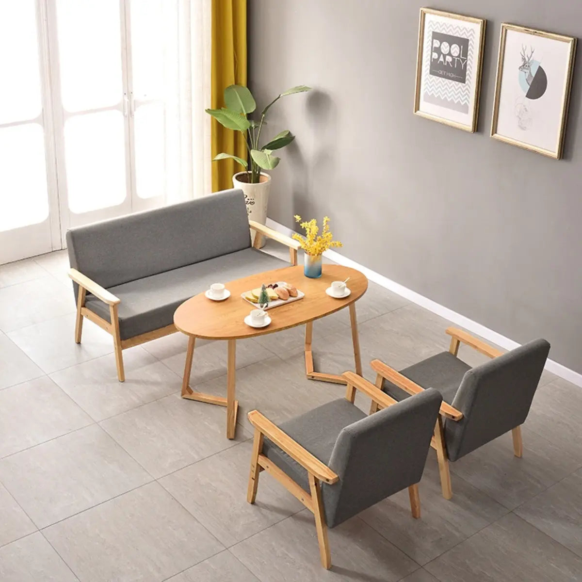 Natural Wooden Frame Grey Fabric Sofa Seating Group Image - 19