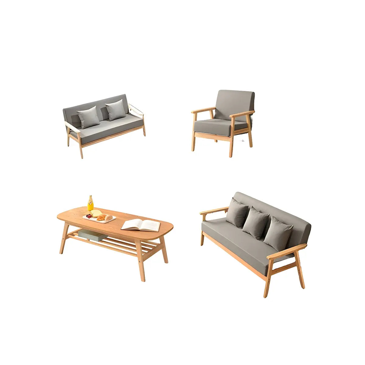 Natural Wooden Frame Grey Fabric Sofa Seating Group Image - 21