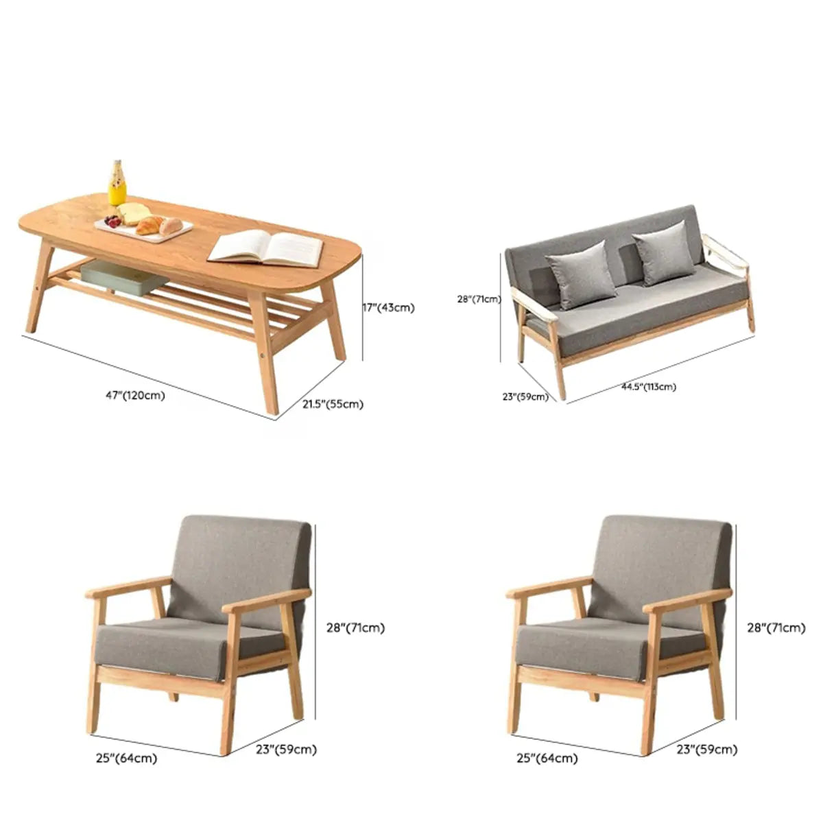 Natural Wooden Frame Grey Fabric Sofa Seating Group Image - 29