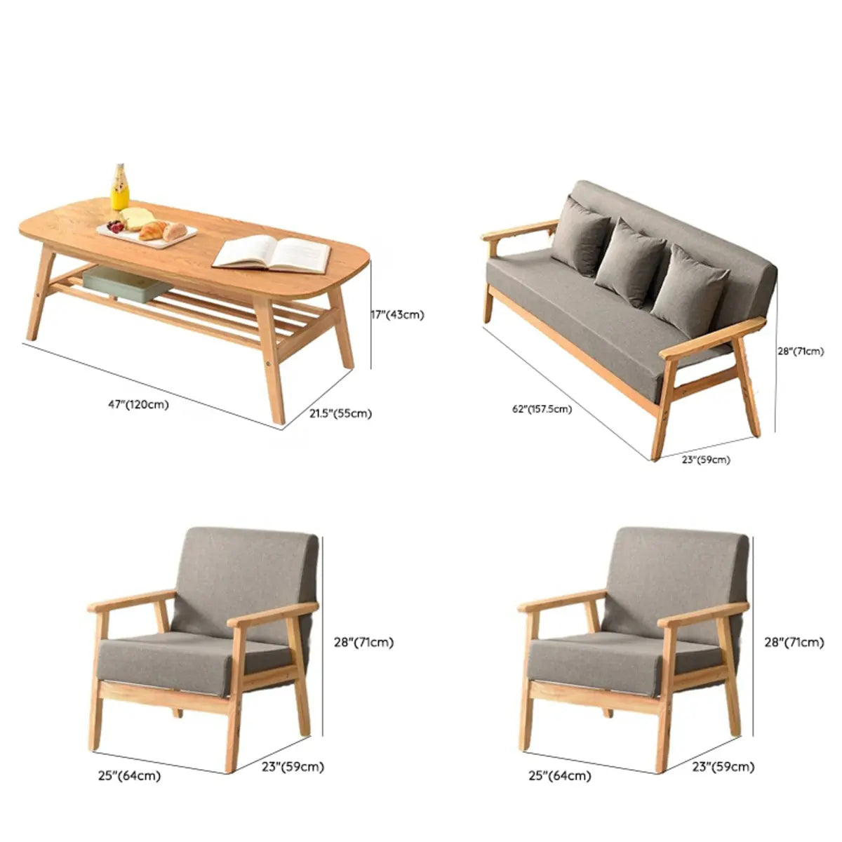 Natural Wooden Frame Grey Fabric Sofa Seating Group Image - 30