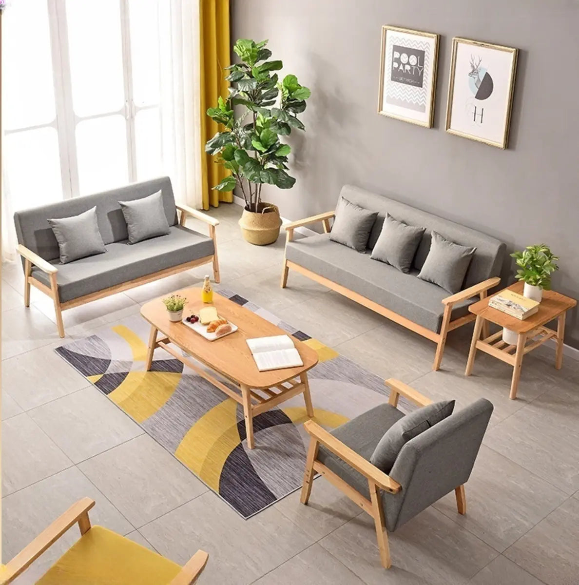 Natural Wooden Frame Grey Fabric Sofa Seating Group Image - 6