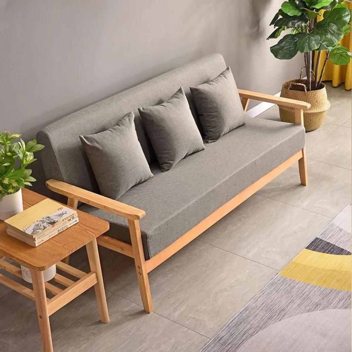 Natural Wooden Frame Grey Fabric Sofa Seating Group Image - 8