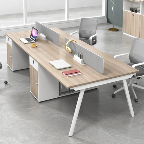 Natural Wooden Multi-person Computer Desk with Drawers Image - 2