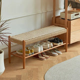 Natural Woven Entryway Bench with Shoe Storage Shelf Image - 3