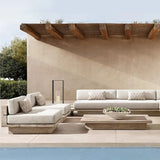 Neutral Beige Teak Symmetrical Upholstered Cushions Sofa Image - 1